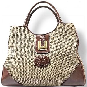 GOLD COAST WOVEN STRAW SATCHEL BAG BROWN FAUX LEATHER ACCENTS